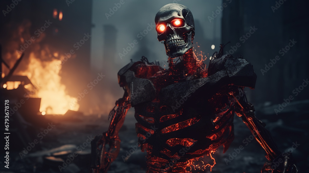 Military robot are walking on a battlefield covered with human bones and destroyed buildings. The concept of the future Apocalypse. Military robot are walking on a battlefield covered with human bones and destroyed buildings. The concept of the future Apocalypse.