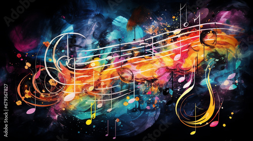 Abstract music background with notes and watercolor texture isolated black background photo