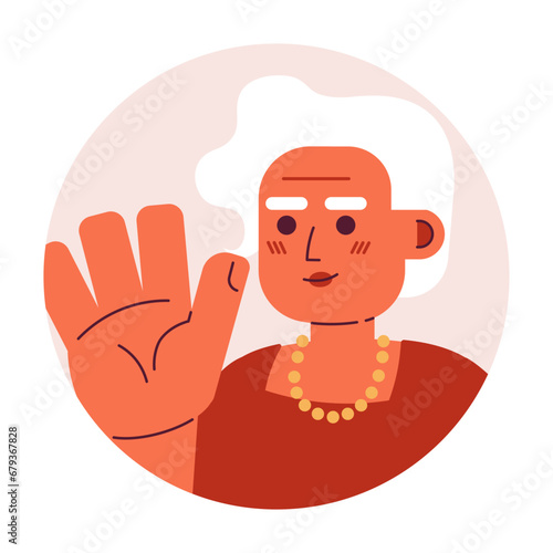 Senior mexican lady saying hi hello 2D vector avatar illustration. Goodbye happy elderly latina cartoon character face. Non verbal acknowledge flat color user profile image isolated on white
