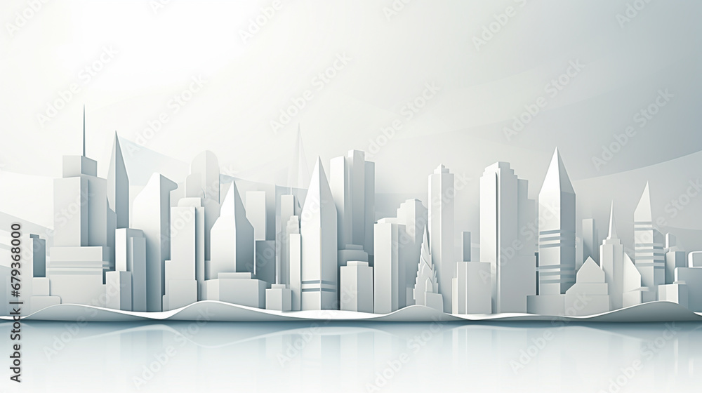Light gray cityscape background. Monochrome urban landscape with street. Modern architectural panorama in flat style.