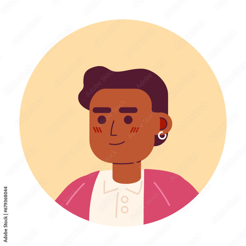 Hoop earring black young man relaxed standing 2D vector avatar illustration. Cheerful african american guy cartoon character face. Confident headshot flat color user profile image isolated on white