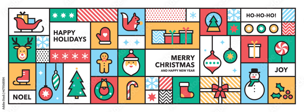 Horizontal banner with Christmas icons in abstract modern geometric flat style. Bauhaus design. Winter holidays set. Seasons greetings. Vector templates for poster, card and packaging. Horizontal banner with Christmas icons in abstract modern geometric flat style. Bauhaus design. Winter holidays set. Seasons greetings. Vector templates for poster, card and packaging.