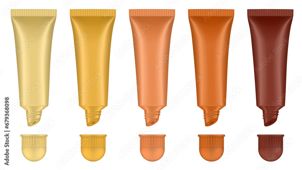 Set of lip gloss tubed. Lip, eye cream, serum. Cosmetic product container mockup. Yellow, gold, beige and brown bottles Set of lip gloss tubed. Lip, eye cream, serum. Cosmetic product container mockup. Yellow, gold, beige and brown bottles