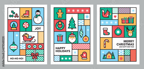 Set of posters with Christmas icons in abstract modern geometric flat style. Bauhaus design. Winter holidays. Seasons greetings. Vector templates for card and packaging.