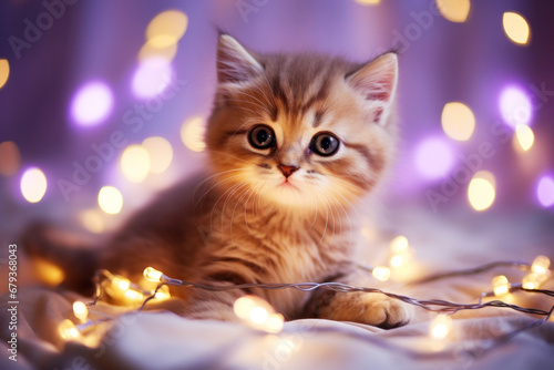 A kitten sits surrounded by the enchanting glow of garland lights