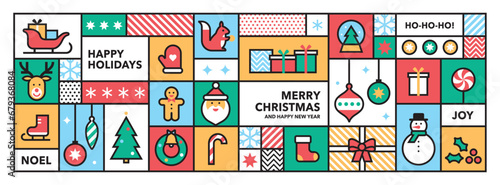 Horizontal banner with Christmas icons in abstract modern geometric flat style. Bauhaus design. Winter holidays set. Seasons greetings. Vector templates for poster, card and packaging.