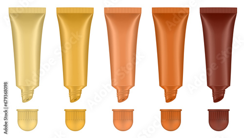 Set of lip gloss tubed. Lip, eye cream, serum. Cosmetic product container mockup. Yellow, gold, beige and brown bottles