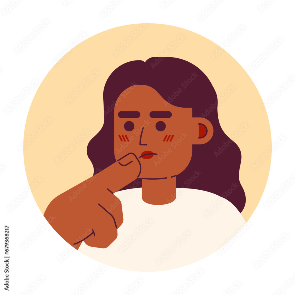 Wavy hair african american female stroking chin 2D vector avatar illustration. Black girl thinking hard cartoon character face. Choice making gesture flat color user profile image isolated on white