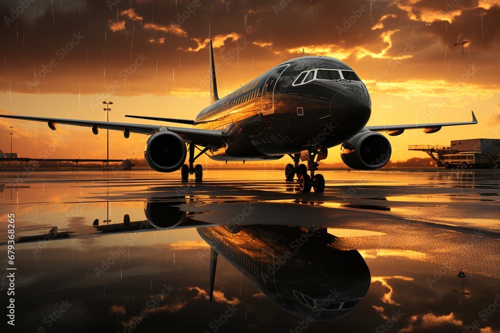 Obraz premium black airplane on the runway, with reflections in the water, beautiful sunset