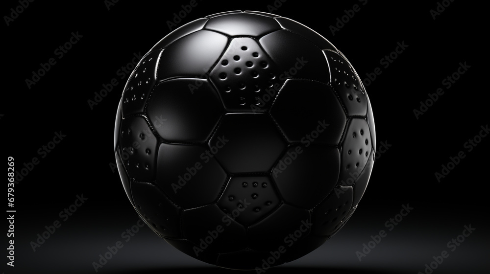 Naklejka premium Black football or soccer ball on a matching black background with highlight on the textured surface and copy space