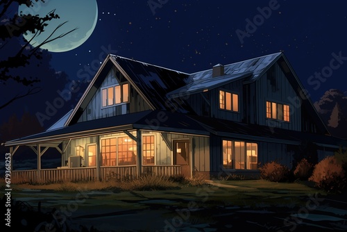 night shot of a lit-up farmhouse with a gabled entryway, magazine style illustration
