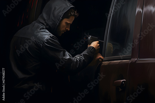 Car Theft, mask stealing car, street thief, Street criminal, gang city, Criminal Abduction © elina