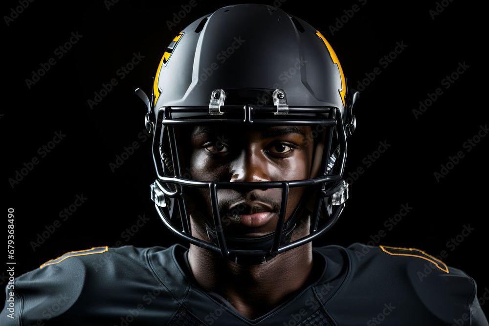 Close-up studio shot of professional American football player in black jersey. Determined, powerful, skilled African American athlete wearing helmet with protective mask. Isolated in black background. Close-up studio shot of professional American football player in black jersey. Determined, powerful, skilled African American athlete wearing helmet with protective mask. Isolated in black background.