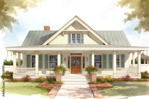 southern-style farmhouse displaying double-door entry under gable, magazine style illustration