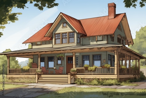 farmhouse with wrap-around porch and gabled entrance, magazine style illustration © studioworkstock