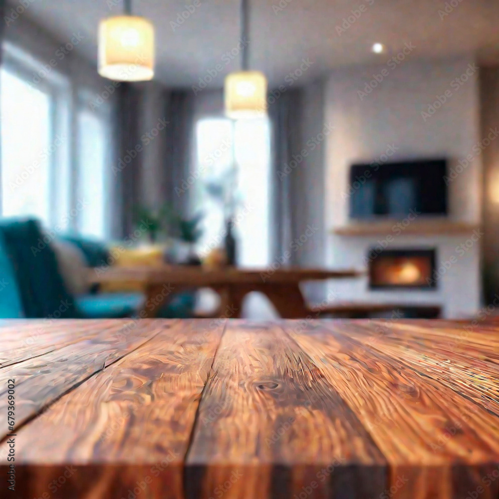 wood table top on room with blur background. front view wood table top on room with blur background. front view