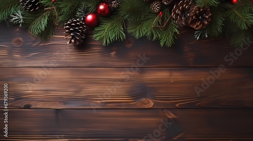 Christmas wooden natural decoration ornament wide horizontal banner with copyspace - Generated by Generative AI