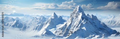 Frozen Majesty: A Cinematic Wide View of Winter Mountains Poster, Capturing the Silent Whisper of Snow-Capped Peaks, Crafted by Generative AI