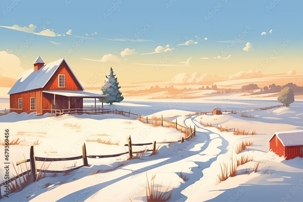 farmland scenario, farmhouse and barn in snowy landscape, magazine style illustration