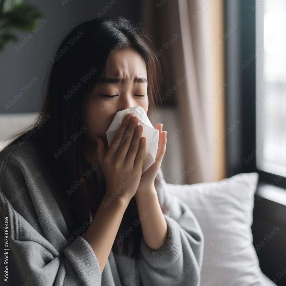 Runny nose, cold, illness, infection, Asian woman blowing her nose into a handkerchief, portrait, close-up Runny nose, cold, illness, infection, Asian woman blowing her nose into a handkerchief, portrait, close-up