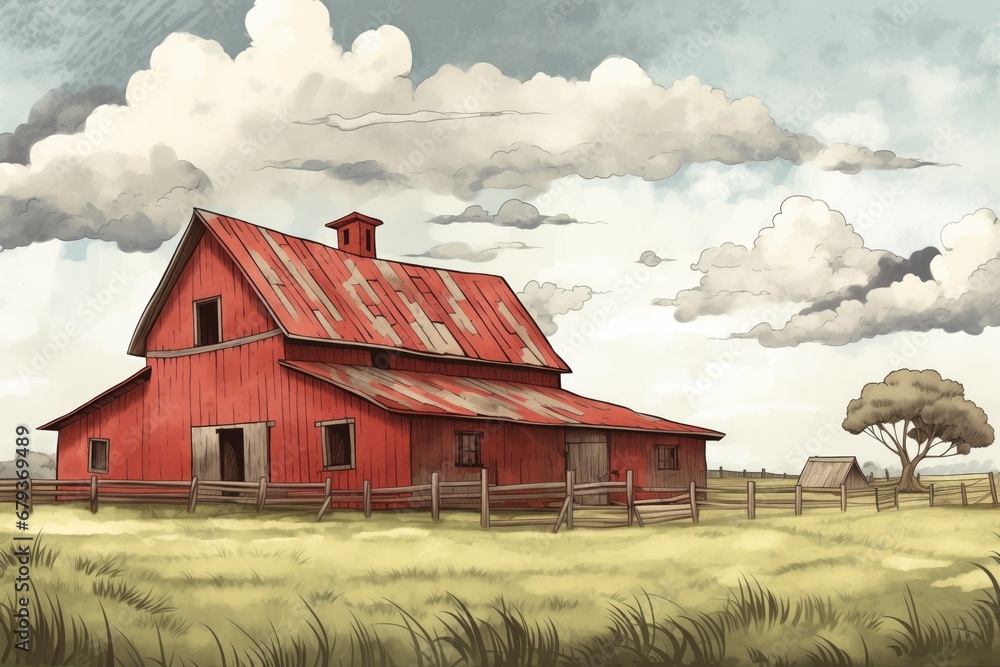 Obraz premium rustic farmhouse with red barn extension under cloudy skies, magazine style illustration