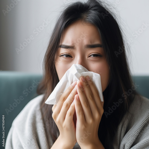 Runny nose, cold, illness, infection, Asian woman blowing her nose into a handkerchief, portrait, close-up 
