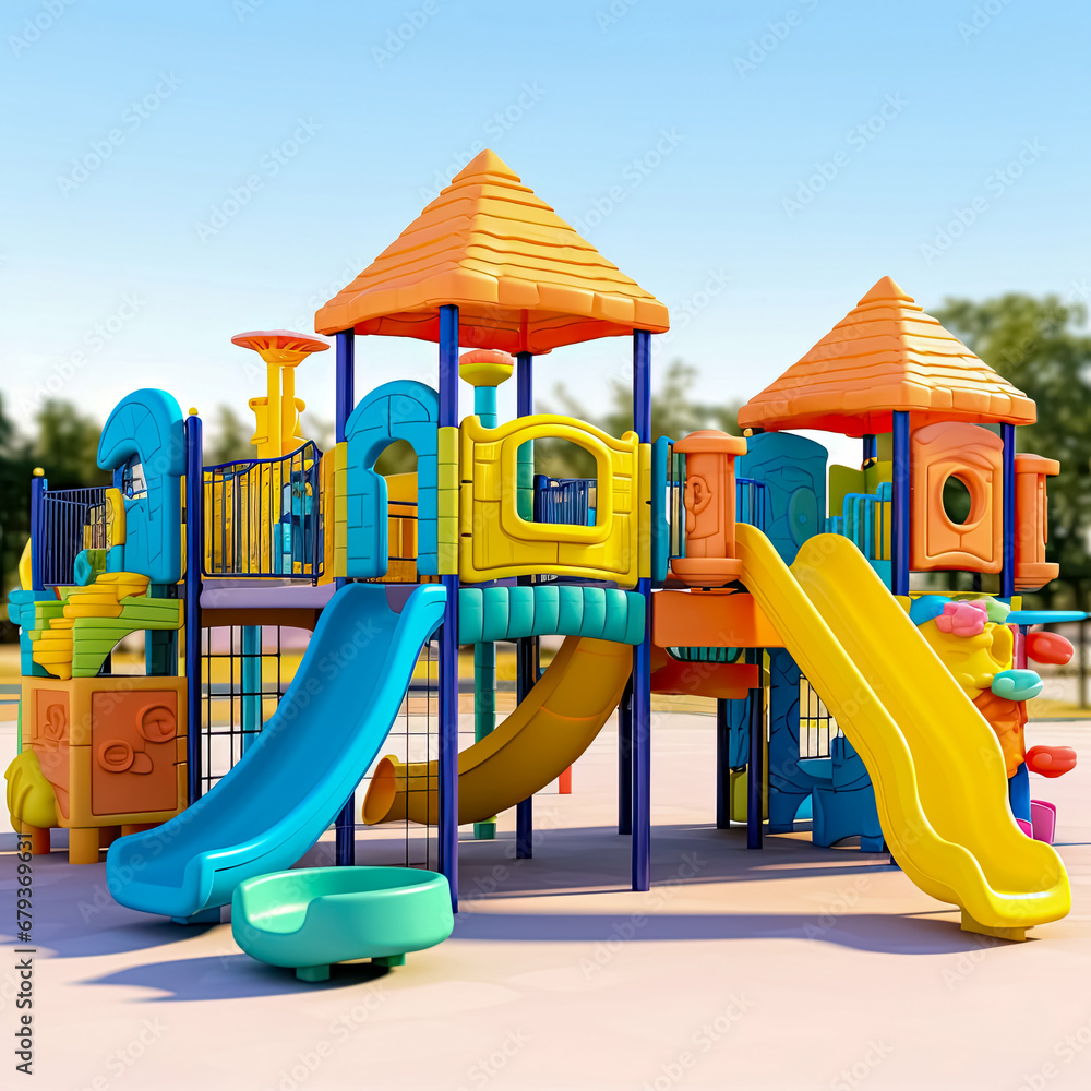 Colorful plastic children's playground in the park on a sunny day. 3d render illustration. 