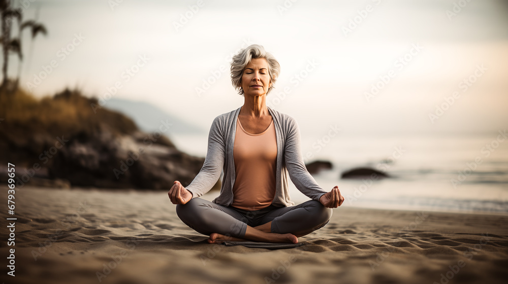 Middle aged woman practice yoga isolated in a beach