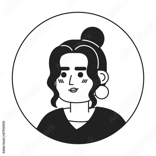 Top knot bun latina pretty smiling black and white 2D vector avatar illustration. Headshot hispanic woman big earring outline cartoon character face isolated. Relaxed pose flat user profile image