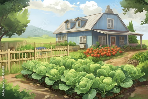 vegetables garden in front of farmhouse and barn, magazine style illustration