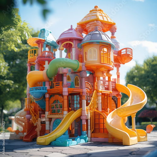 Colorful plastic children's playground in the park on a sunny day. 3d render illustration.  photo
