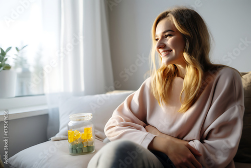 A beautiful young woman is sitting on the sofa, next to her is a jar of chewable gummy vitamins D3