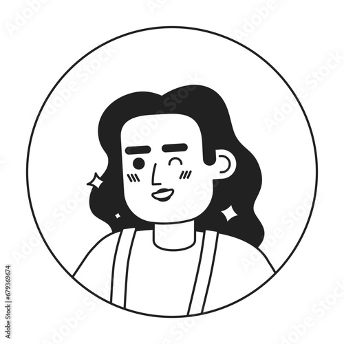 Adult hispanic woman winking expression black and white 2D vector avatar illustration. Sparkle smiling latina outline cartoon character face isolated. Confident friendly flat user profile image