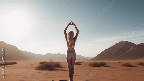 Blond tall women practice yoga alone in the desert