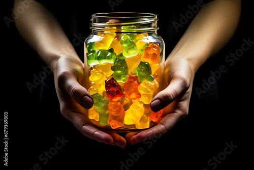 Jar with chewable gummy vitamins in human hands on a dark background photo