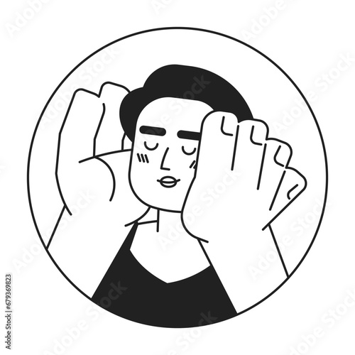 Pretty latina hands on cheeks smiling black and white 2D vector avatar illustration. Adult hispanic lady cupping face happily outline cartoon character face isolated. In love flat user profile image
