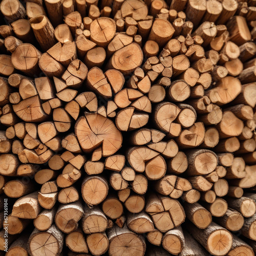 Wall of stacked wood logs as background