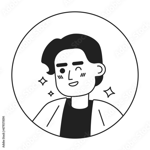 Confident arabic adult man winking smiling black and white 2D vector avatar illustration. Middle eastern guy sparkling outline cartoon character face isolated. Friendly flirty flat user profile image
