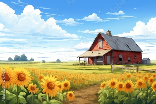 farmhouse with barn-style annex and surrounding sunflower field, magazine style illustration