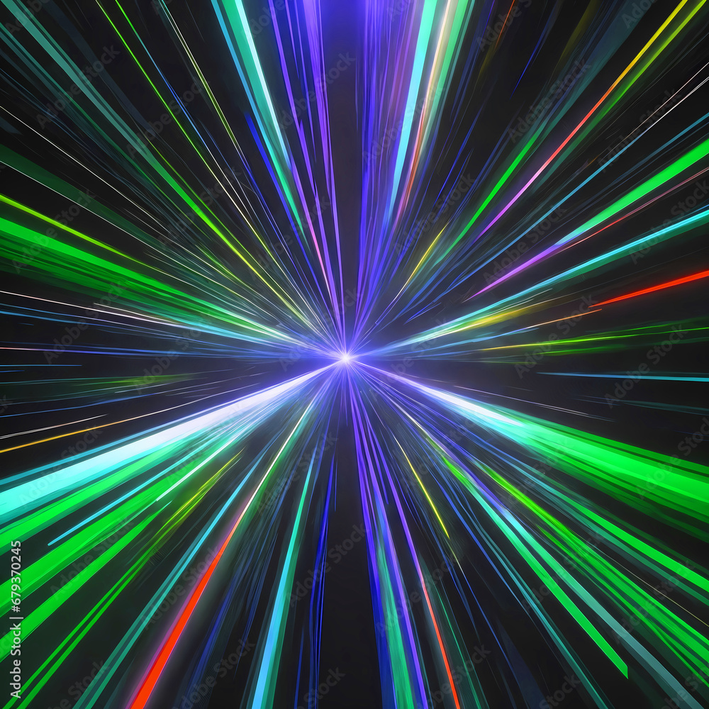 Speed of light hyperspace background. neon glowing rays moving through stars to a vanishing point. Neon dark wallpaper for digital art	
