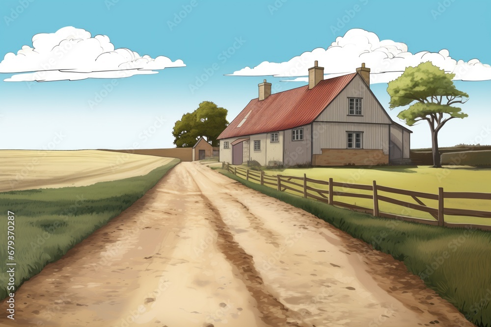 gravel path leading to a farmhouse with sizeable barn-inspired extensions, magazine style illustration
