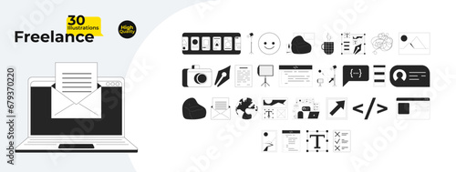 Freelance services black and white 2D line cartoon objects bundle. Programming, web designing, photographing isolated vector outline items pack. Monochromatic flat spot illustration collection
