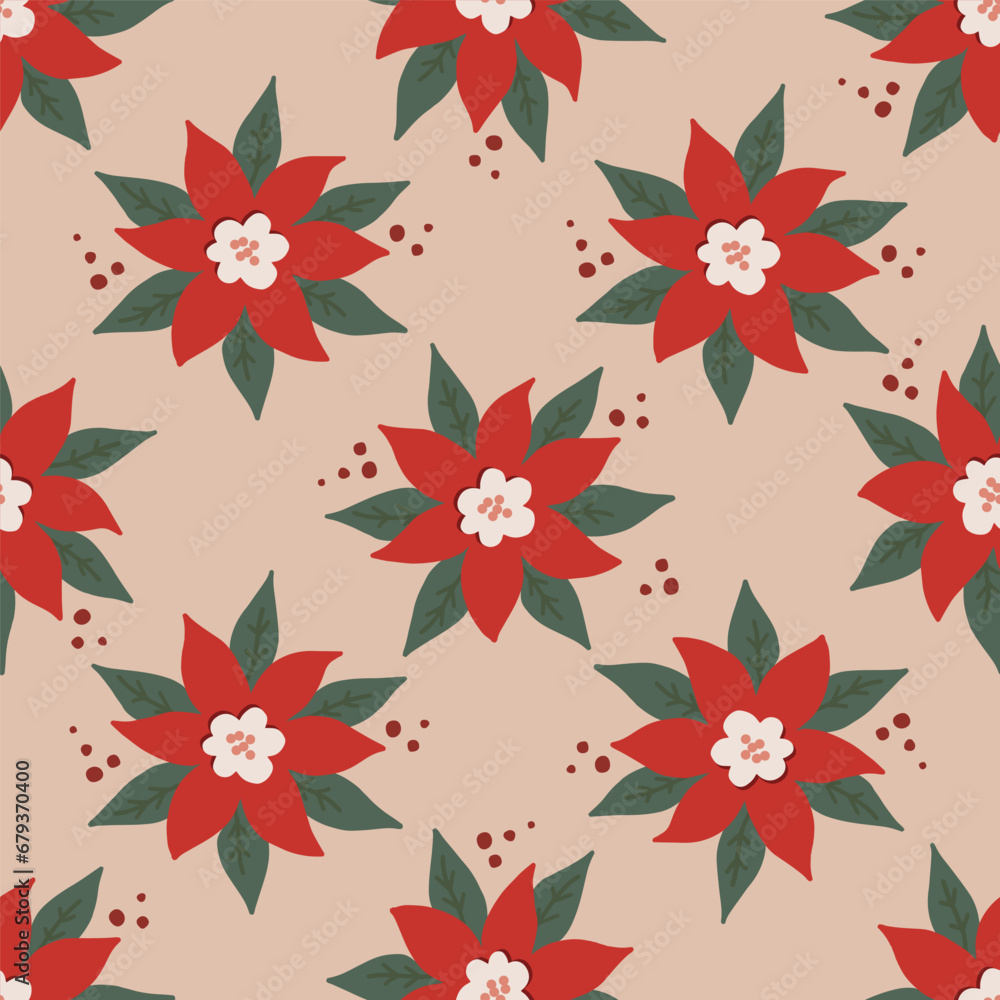 Seamless pattern with bold red poinsettia. Christmas and New Year concept. Hand drawn vector texture for wallpaper, prints, wrapping, textile