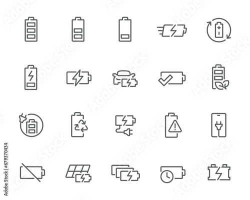 Battery Charging Icon Set: An exclusive collection of 20 battery icons, showcasing charge level, fast charging, eco-friendly options, battery recycling, and more. Ready for use in your project!