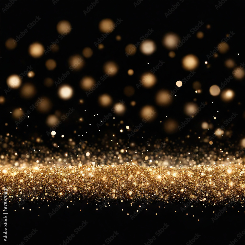 Shiny flow of glitter particles and bokeh golden shiny background on dark backdrop	
