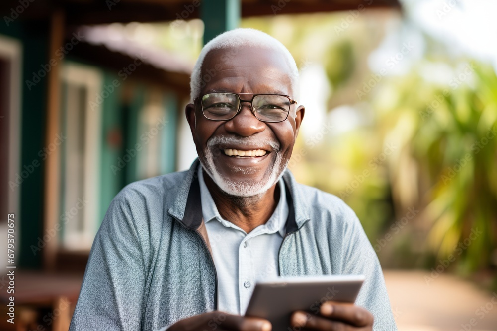 Cheerful senior grey-haired African American man in casual clothing uses digital tablet while sitting in armchair at home. Focused retired person browsing the Internet, watching news, reading e-book. Cheerful senior grey-haired African American man in casual clothing uses digital tablet while sitting in armchair at home. Focused retired person browsing the Internet, watching news, reading e-book.