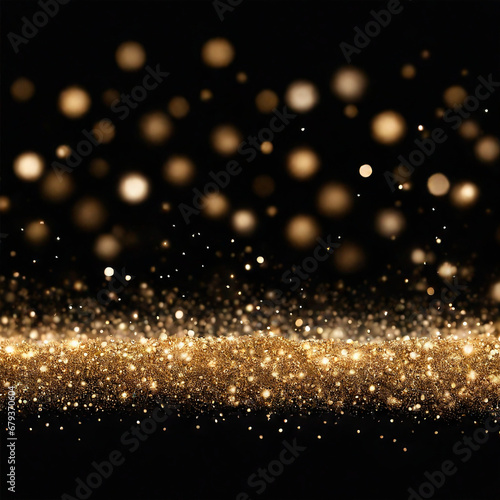 Shiny flow of glitter particles and bokeh golden shiny background on dark backdrop 