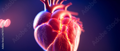 Banner mit der 3dimensionalen Darstellung eines menschlich medizinischen Herz mit Aterien und Venen, Herzkammern und Herzklappen innen, zur pulsierenden Durchblutung Wissenschaft Forschung Pharmazie