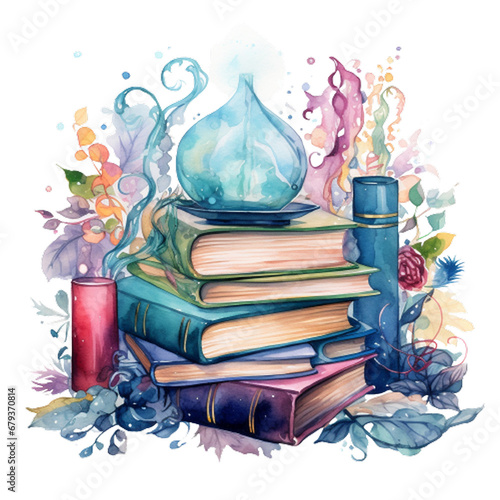 Watercolor Fantasy Books Clipart, Watercolor Fantasy Books Clipart, Vintage books clip art, old books, Magic Books, Open Book Clip Art, generative ai