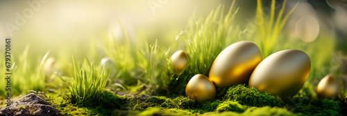 Goldene Eier Ostern Ostereier weich gebettet in Moos und grünem Gras als Vorlage und Hintergründe und Banner vor einem unscharfen Hintergrund aus Garten in goldener Stunde photo